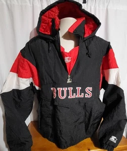 Vintage Starter Chicago Bulls 1/4 Zip Pullover Jacket Size XL Hood Pocket ~Mint - Picture 1 of 15