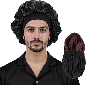 Schwarze Haube Herren Seide Doppellagig Schlafhaube für Lockiges Haar Elastisch Satin - Bild 1 von 6