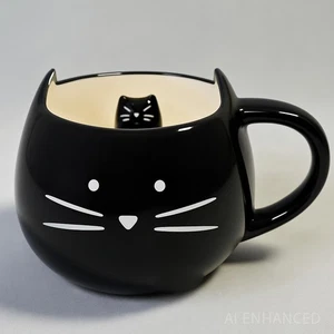 Taza Gato Negro con Peekaboo Mini Gato Interior - Taza Cara Bigote Blanco Cerámica - Imagen 1 de 8