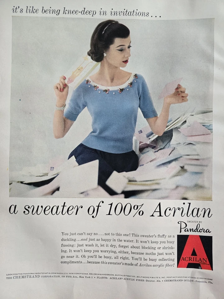 1955 Dovima In Pandora Acrilan Acrylic fiber blue sweater Vintage fashion ad  - Image 1 of 1
