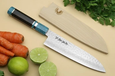 Cuchillo de Chef YOSHIHIRO VG10 46 Capa Martillado Damasco Santoku Mango Azul Turquesa Foto 1 de 4