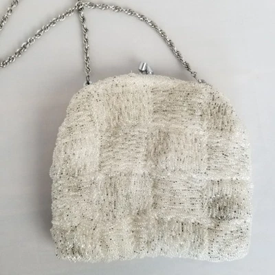 Unbranded Silver and White Vintage Mini Evening Bag Beaded Chain Strap 1950s - Image 1 of 4