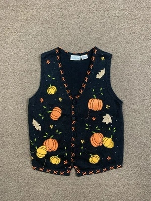 复古秋季南瓜针织毛衣背心女式 L 纽扣秋季小屋核心 90 年代 — 第 1/4 张图片