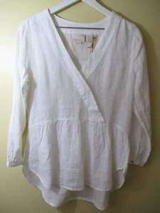 CYNTHIA ROWLEY linen shirt S white 3/4 sleeves faux wrap top NWT pretty - Picture 1 of 19