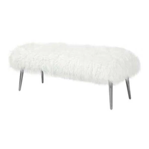 Pemberly Row 17" Modern Metal & Faux Fur Bench in White/Silver - Picture 1 of 1