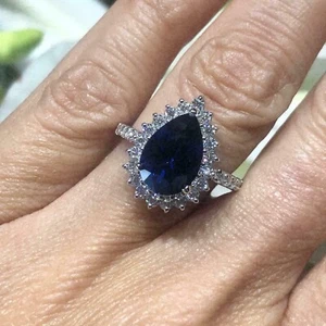 2,50 ct Birnenschliff blauer Saphir simulierter Verlobungsring 14 K Weißgold-Finish - Bild 1 von 5