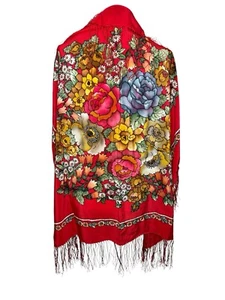 Vtg PAVLOVO Possad Russian Shawl Scarf W/ Tassels 100% Silk Red Floral 33"x35" - Picture 1 of 16