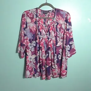 Roaman's Tunic Top Blouse - size 24W, EUC! Purple Pink Floral Pleated Roll Tab - Picture 1 of 11