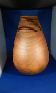Solid Wooden Decorative Vessel with Ringed Design Neck. - Picture 1 of 12