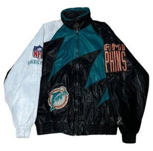 GIACCA VINTAGE LOGO ATLETICA PELLE DENTI DI SQUALO MIAMI DELFINI NFL UOMO LARGE - Foto 1 di 8