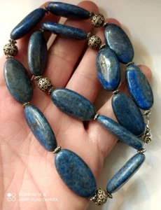 Collana Vintage Pietra Lapislazzuli Naturale Perline Palline Placcate Argento... - Foto 1 di 5
