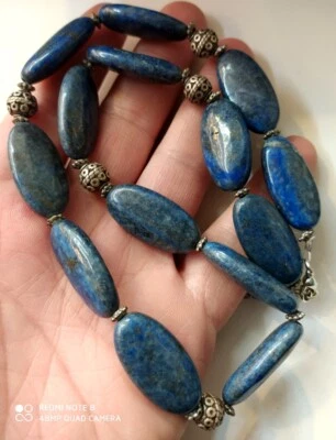 Collana Vintage Pietra Lapislazzuli Naturale Perline Palline Placcate Argento... - Immagine 1 di 4