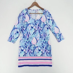 Lilly Pulitzer Shift Dress Womens Medium Blue Pink Fish Print 3/4 Sleeve - Picture 1 of 8