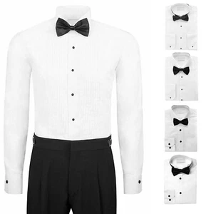 Men's White Formal Tux Tuxedo Pleated Dress Shirt Bow Tie Included 2 Collars - Picture 1 of 5