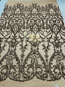 Damask Design Khaki Sequin Fabric On Nude Mesh 4 Way Stretch Lace By The Yard - Picture 1 of 4