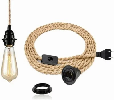 HURYEE Pendant Light Cord,15FT Hemp Rope Hang Lamp,Industrial Pendant Light Set-US Plug
