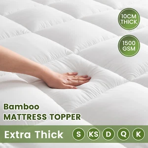 10CM Thick 1500GSM Bamboo Mattress Topper 45cm Deep Pocket Matress Pad Cover Bed - Picture 1 of 20