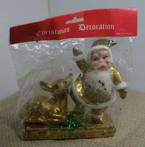 Christmas vintage ornament santa and deer in gold - Picture 1 of 6
