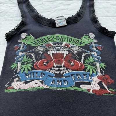 Camisa sin mangas vintage Harley Davidson Wild And Free emblema 3D para mujer de encaje años 80” Foto 1 de 4