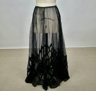 Antique Victorian Black Net Lace Long Over Skirt Silk Ribbon Criss Cross AS IS - Image 1 of 4