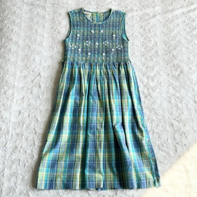 Laura Ashley Dress Girls 9 Blue Green Plaid Floral Mother Child Cottagecore Bow - Image 1 of 4