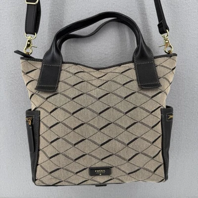 FOSSIL Emerson Cartera Bolso de Hombro Bandolera Cuero Negro Borde Lona Foto 1 de 4