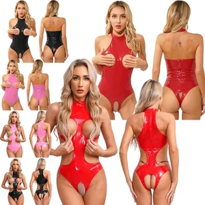 Womens Wet Look Patent Leather Bodysuit Sleeveless Open Bust Crotchless Jumpsuit - Bild 1 von 62