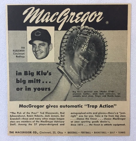 1957 MacGregor baseball glove ad ~ TED KLUSZEWSKI Cincinnati Reds Cover
