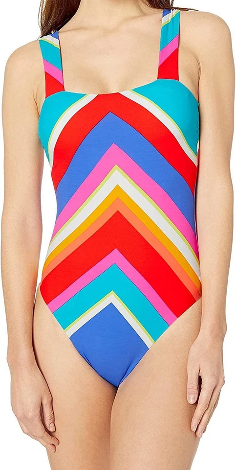 Trina Turk 284671 高腿连体泳衣,橙色//日落雪佛龙,4 — 第 1/3 张图片