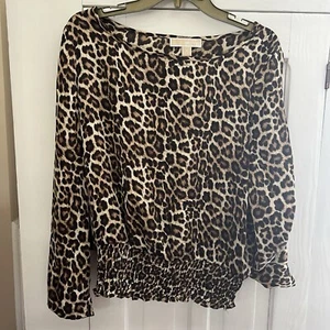 Michael Kors Sz Medium Women's Blouse Batwing Buckle Sleeve Animal Print Cinch - Picture 1 of 7