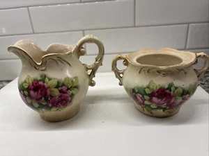 Antique Porcelain Creamer & Sugar Bowl small Pitcher hand painted Roses-Austria - Picture 1 of 14