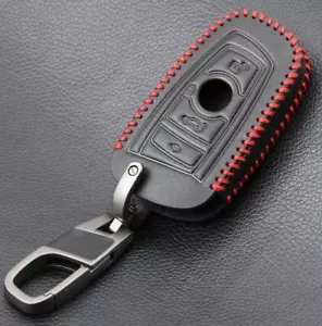 Leather 3 Button Car Key Case Cover For BMW 1 2 3 4 5 6 7 M Series - Red Stitch - Picture 1 of 5