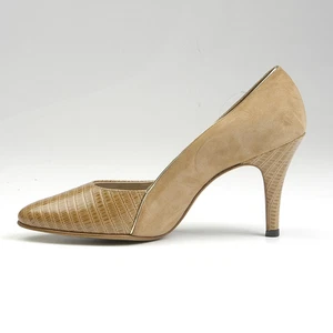 5.5 Vintage 1970s 70s Leather Shoes High Heels Embossed Faux Lizard Tan Pumps - Picture 1 of 7