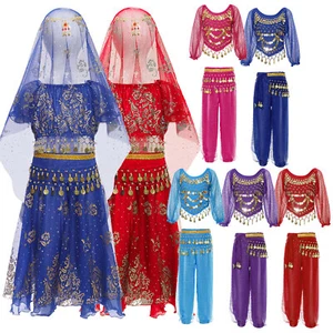 Kids Girls Belly Dance Outfits Puff Sleeve Crop Tops and Skirt Waist Headscarf  - Picture 1 of 89