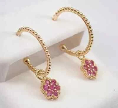 Stunning Dangle Hoop Earrings 14k Yellow Gold Finish Round Cut Simulated Ruby - Image 1 of 4