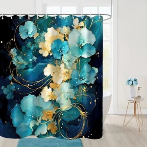 Blue Shower Curtain for Bathroom Teal Blue Yellow Flowers Shower Curtain Set ... - Picture 1 of 6