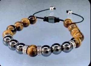 HIGH QUALITY HEALING 10MM & 8MM TIGERS EYE & HEMATITE ADJUSTABLE UNISEX BRACELET - Picture 1 of 4