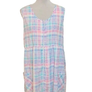 Retro Y2K Seersucker Sleeveless House Dress SZ XL Robe Nightgown Pink Blue Plaid - Picture 1 of 13