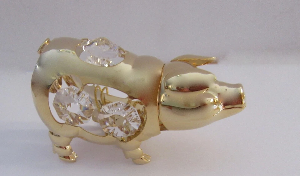 Figurine- PIG- 24K gold plated- Austrian crystals- 5 clear crystals  - Image 1 of 1