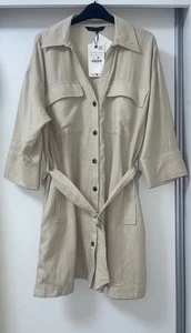ZARA ABITO MINI CAMICIA CON CINTURA BEIGE COLLETTO CON RISVOLTO MISTO LINO TAGLIA L - Foto 1 di 14