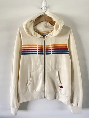 New Aviator Nation 5 Stripe Zip Up Hoodie Cream Size M Sweatshirt - Image 1 of 4
