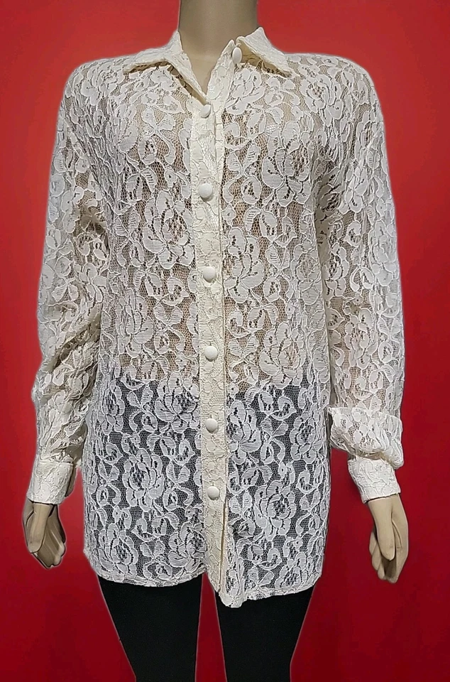 Blusa túnica sin forro transparente #C RAMPAGE vintage mediana de encaje marfil para mujer Foto 1 de 4