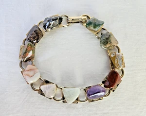 Vintage Gold Tone Square Link Tumbled Crystal Natural Therapeutic Stone Bracelet - Picture 1 of 5