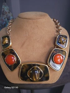 CHICO'S Runway Collar Necklace Gold Ornate Faux Red Jasper Tiger Eye 19" signed - Picture 1 of 21