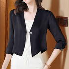 Office Lady Short Satin Blazer Suit 3/4 Sleeve Jacket Coat One Button Casual Top