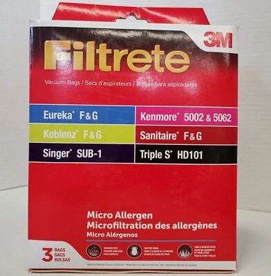 Pack of 3 Filtrete 3M Eureka Koblenz Kenmore Sanitaire Singer Triple Vacuum Bags - Image 1 of 2