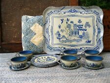 Antique Tin Toy Blue Willow Tea Set 6 Plates, 6 Cup & Saucer, Serving Tray