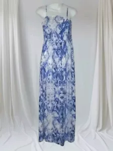 Carole Little Kleid Rüschen Maxi Cami Neckholder Empire Blau Batik Boho Hippie M - Bild 1 von 11