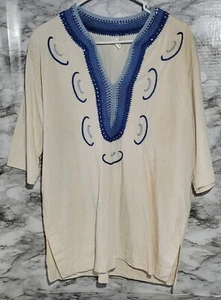 Tunic Style Blouse. Large. Cotton Hand Crocheted Collar Embroidered. Half Sleeve - Picture 1 of 5
