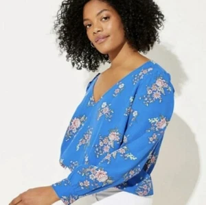 Ann Taylor LOFT leuchtend blau Rüschen Blumen V-Ausschnitt Bluse 26W - Bild 1 von 10